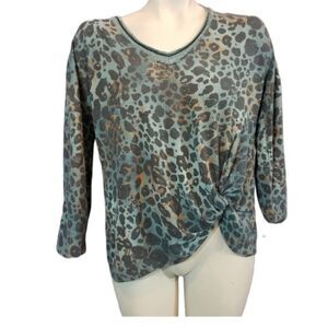 Democracy Teal Leopard Print Side Knot Blouse Size XS